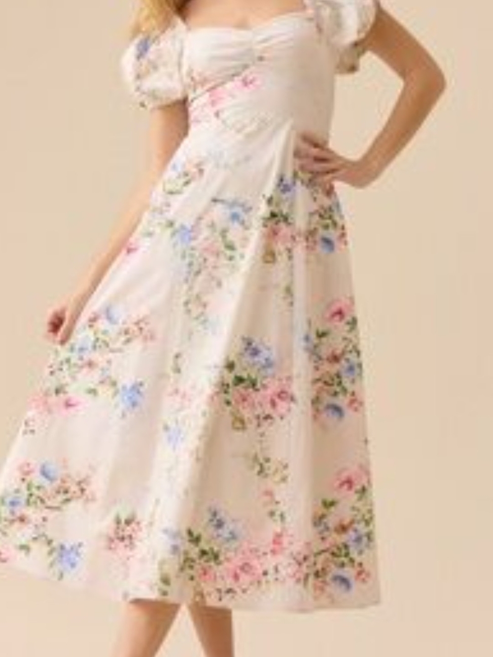 Altar D State Floral Puff-Sleeve Midi Dress in Ivory with Pastel Blooms